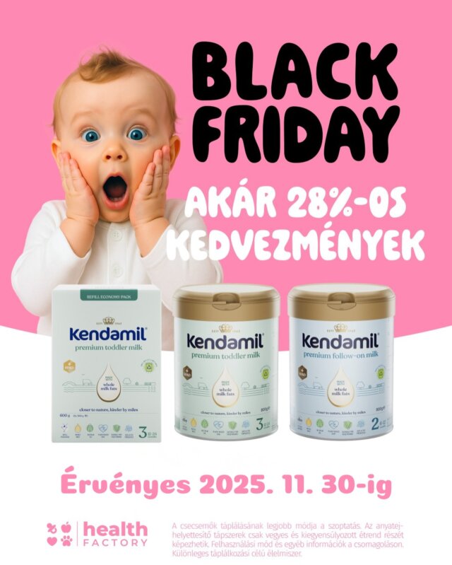 Megérkezett a Black Friday! 🖤 Akár 28% kedvezmény a kedvelt Kendamil tejekre, pépekre és cseppekre (és még sok minden másra 🤫).

📅 Az akció érvényes 2025. 11. 30-ig a hivatalos webáruházunkban: @healthfactory_hu.

👶 Add meg a kicsinek a legjobbat – most kedvezményes Black Friday áron.