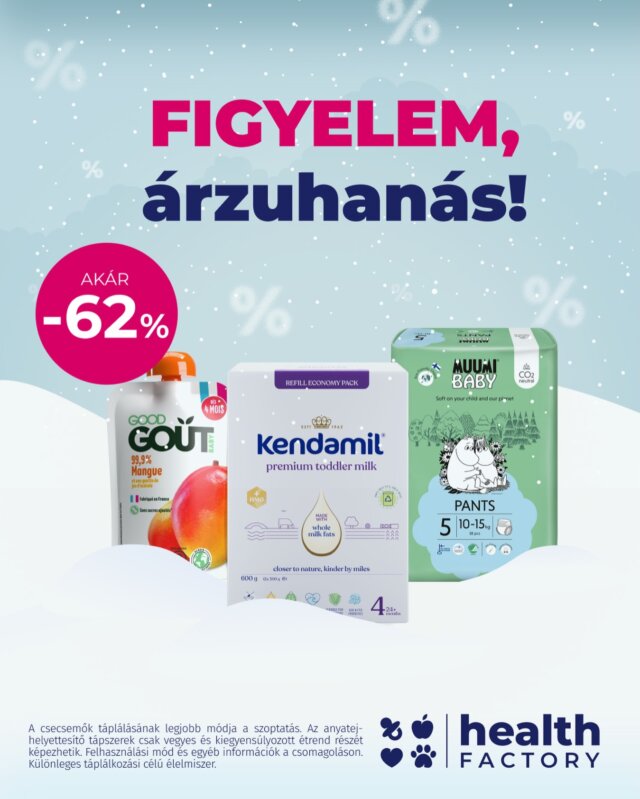 Zuhannak a kedvezmények! És már meg is érkeztek a hivatalos webáruházunkba: @healthfactory_hu. 🌠

Most indul a szuper akció, ahol beszerezheted:
✨ a Kendamil tejeket és kásákat
✨ a Good Gout BIO bébiételeit
✨ a Moomin Baby környezetbarát pelenkáit
✨ és még sok minden mást!

Akár –62% kedvezmény 2026. január 18-ig, illetve a készlet erejéig. Ne halogasd a vásárlást, hogy biztosan jusson a kedvenc termékeidből. 🛍️👶